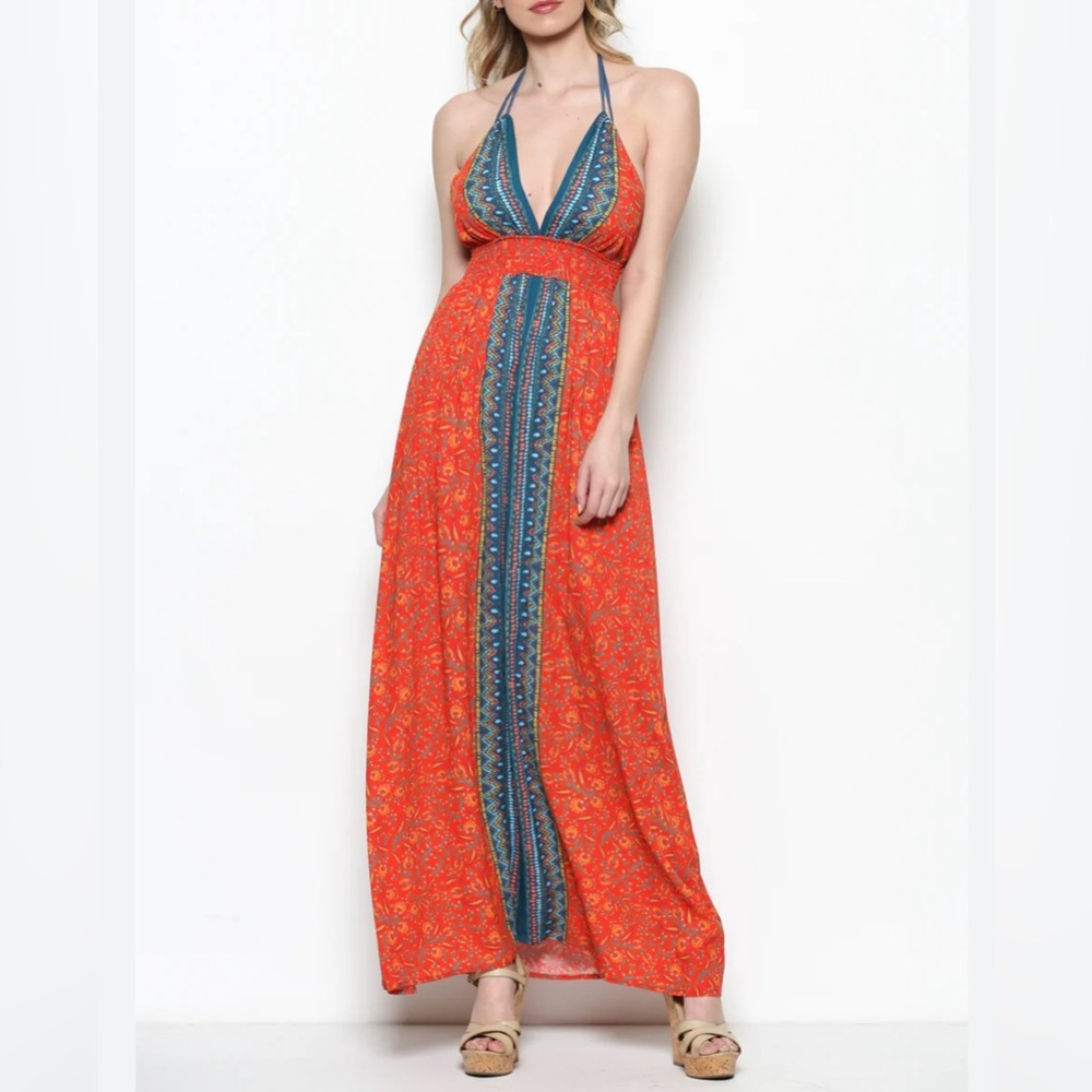 ILLA ILLA - Boho red and blue maxi dress with triangle halter top.Size S